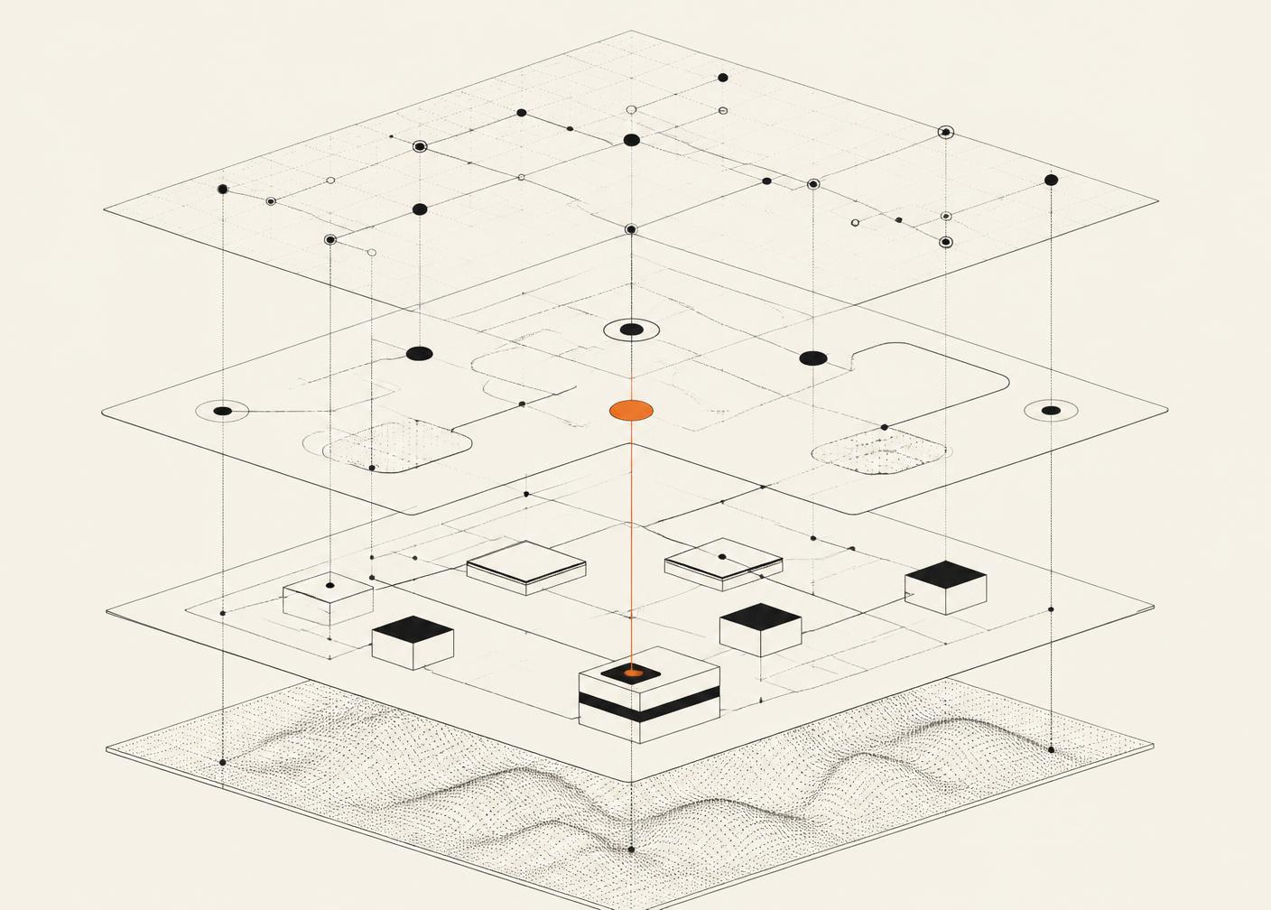 Line illustration of a layered software architecture with data flowing between planes