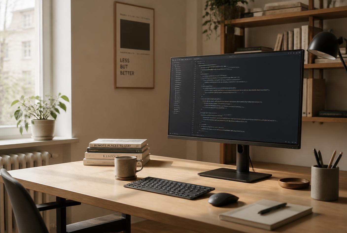 Workspace with a monitor showing source code, notebook and keyboard in daylight