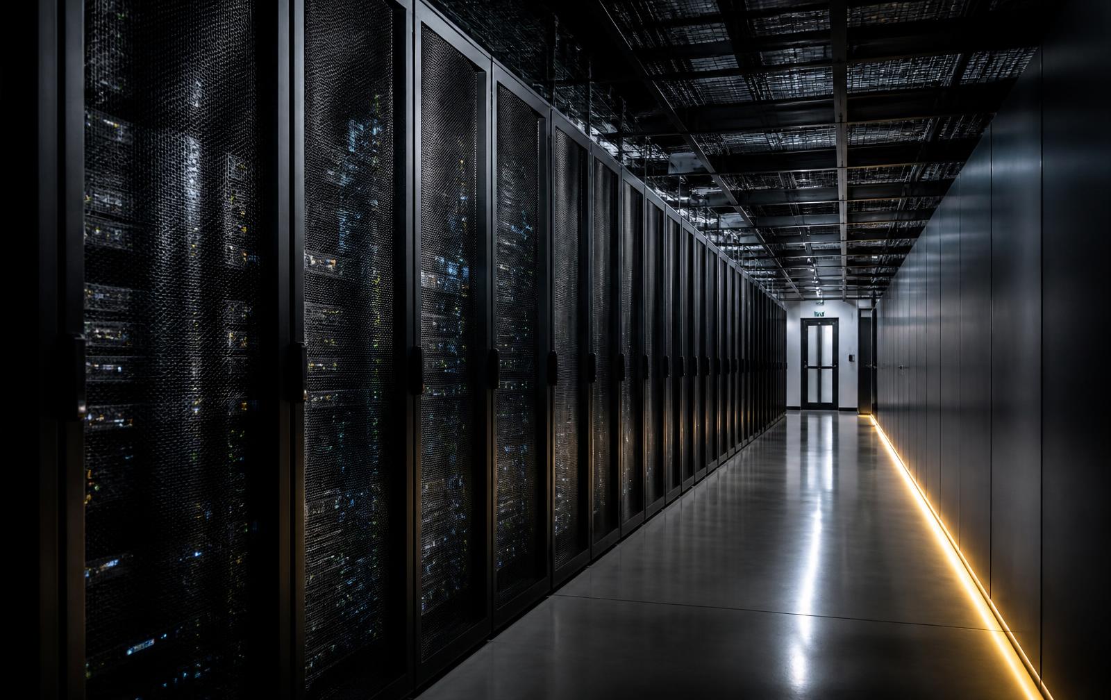 Data centre aisle with server cabinets receding towards a lit doorway