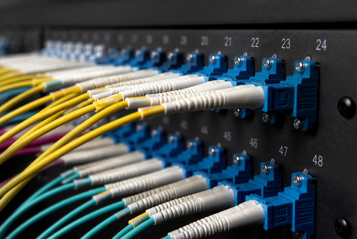 Structured fibre optic cabling connected to a numbered patch panel